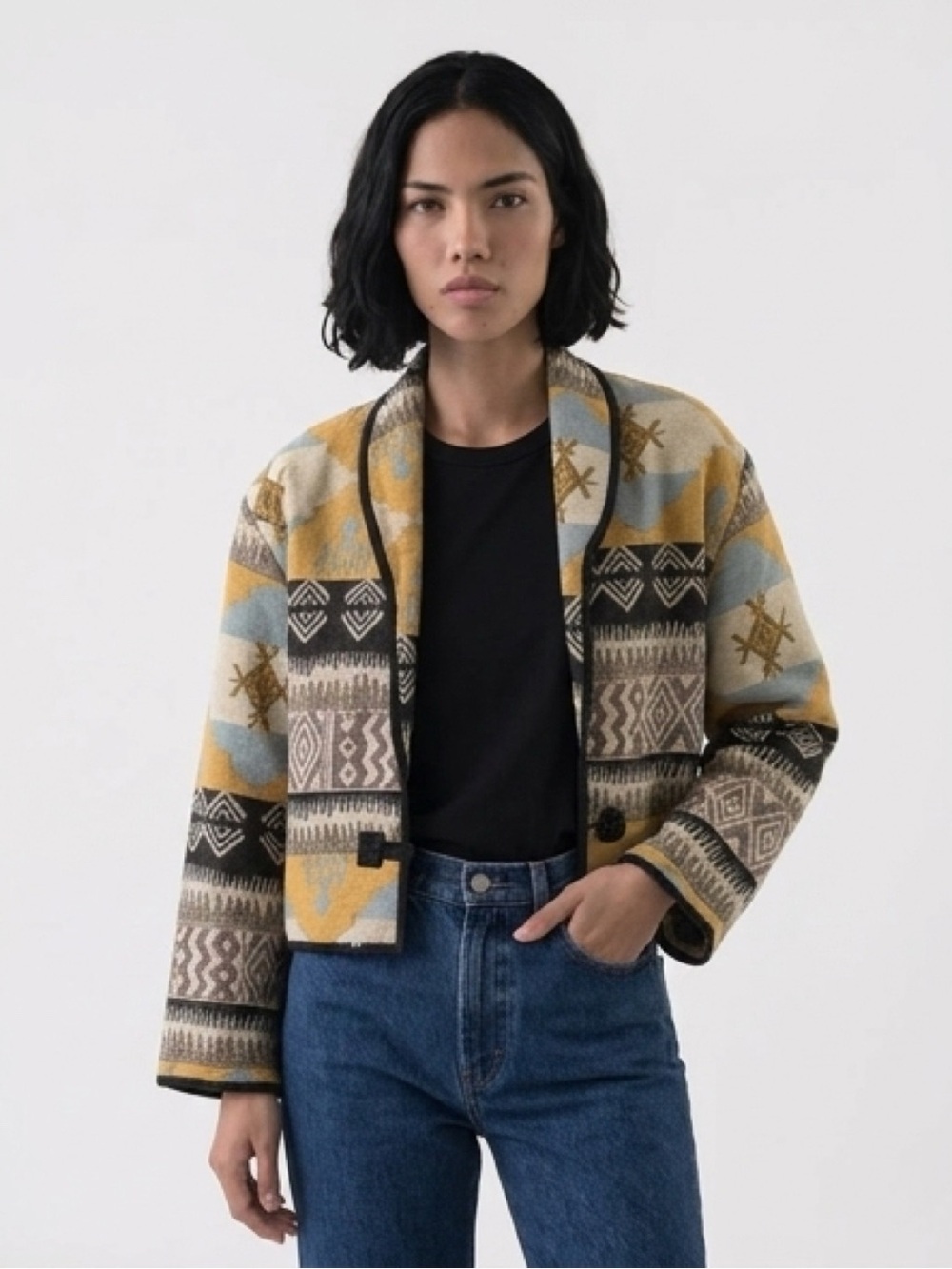 Flashback Cropped Geometric Blazer in Mustard & Light Blue